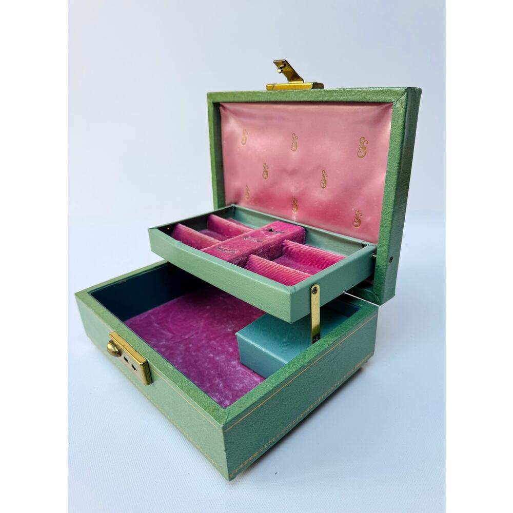 Vintage Musical Jewelry Box Green Gold Pink Velvet Mid Century Trinket Box